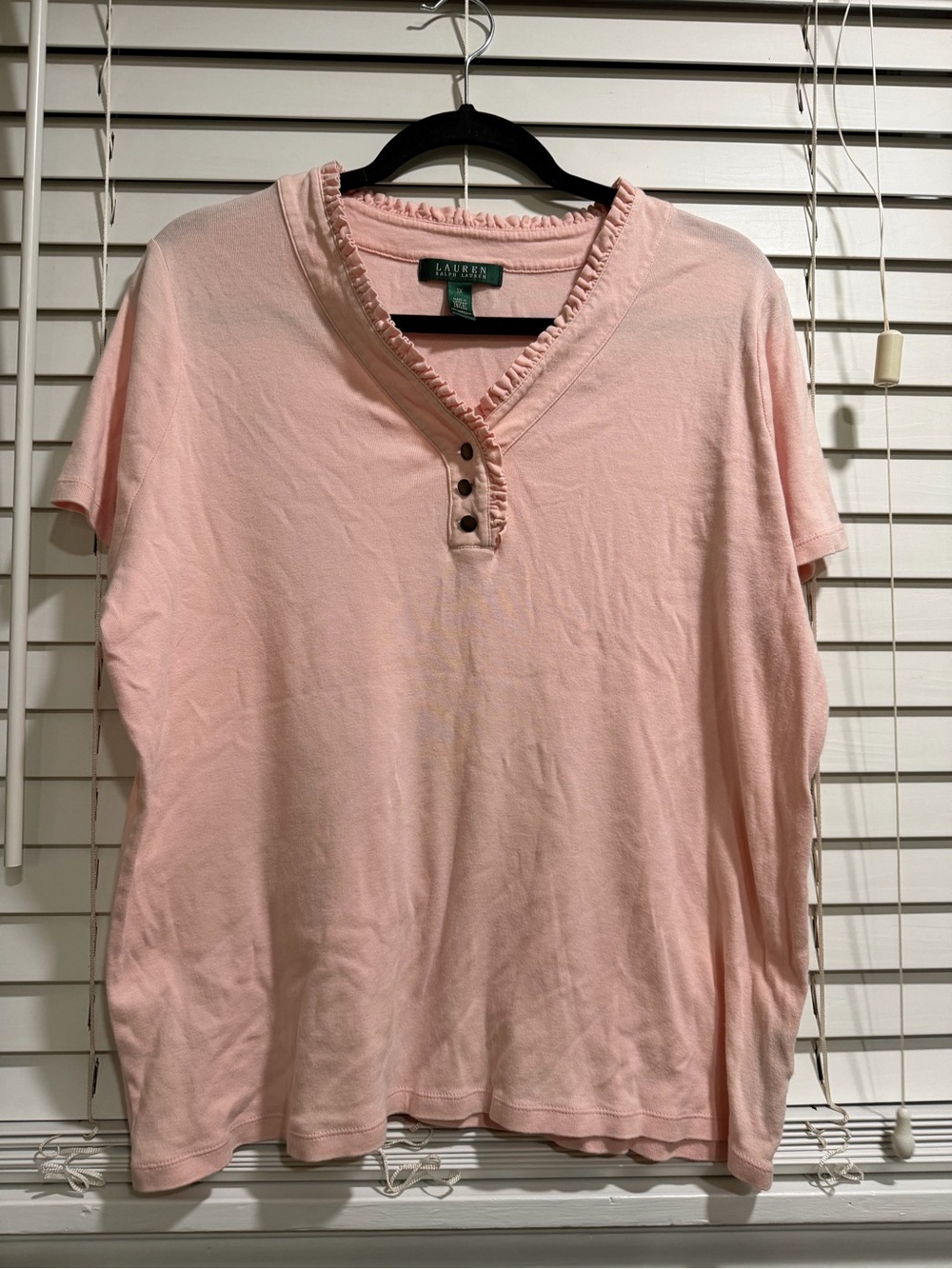 Lauren Ralph Lauren Light Pink Ruffle Trim V-Neck Henley Top